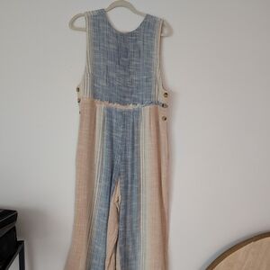 Free People Denim and Beige Striped Jumpsuit